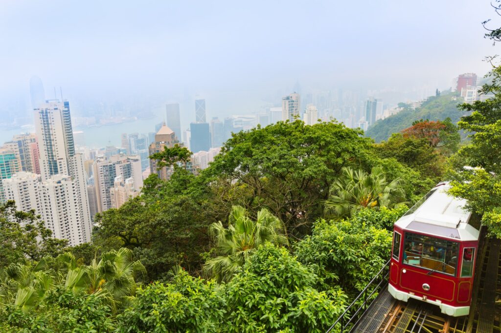 Peak tram and central Hong Kong skyline, Hong Kong, China